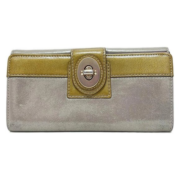 Auth COACH - Gray Beige Khaki Chemical Fiber Patent Leather Long Wallet - Picture 1 of 6
